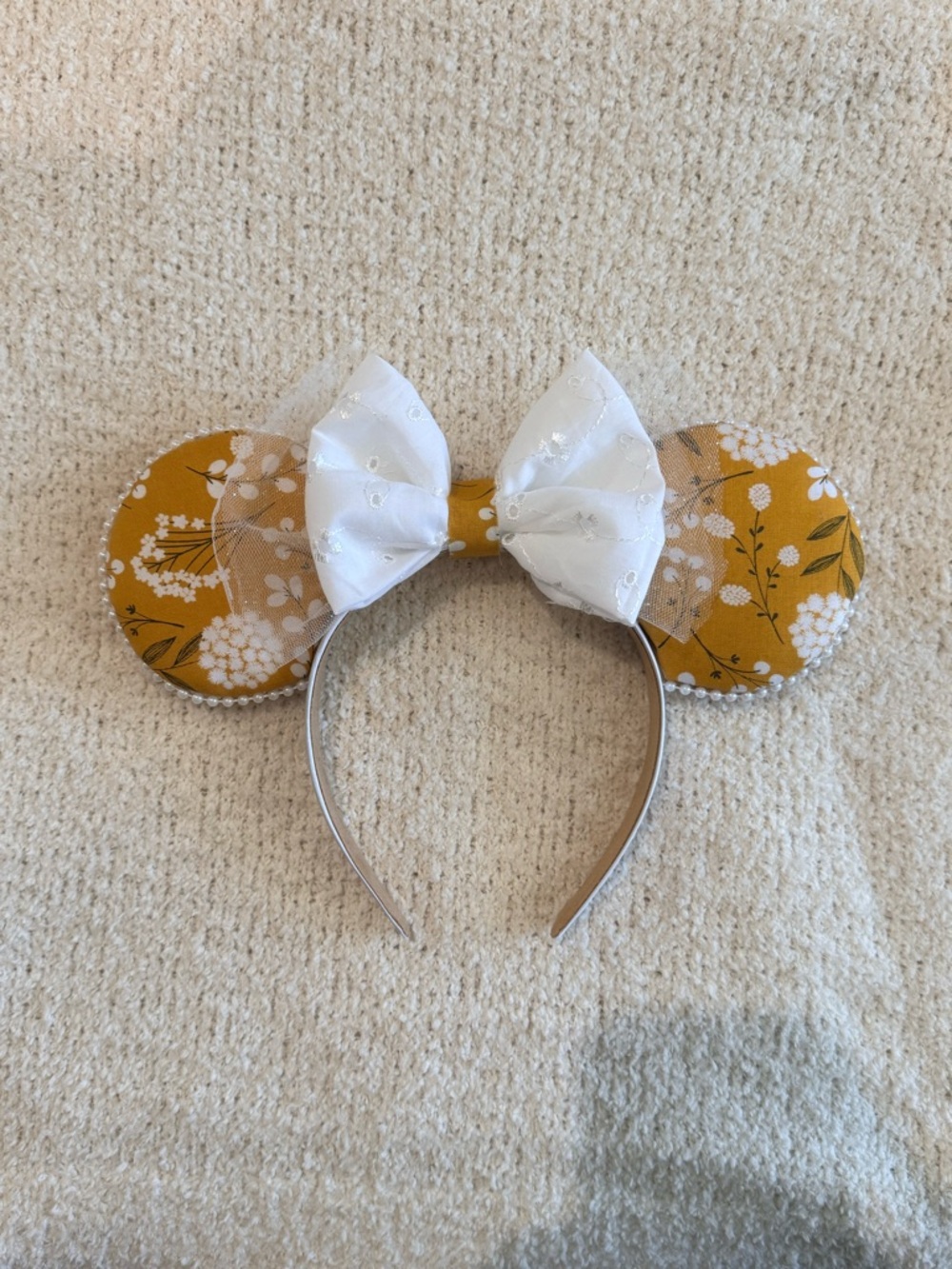 Disney Minnie Mouse ears Floral dandelion Headband with White Bow Accent & tulle